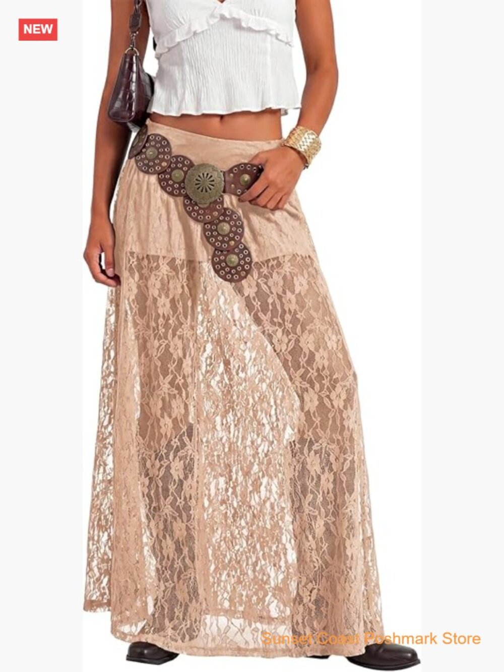 Women's Floral Lace Maxi Skirt High Waisted Flowy Sheer A Line with Inner Shorts
